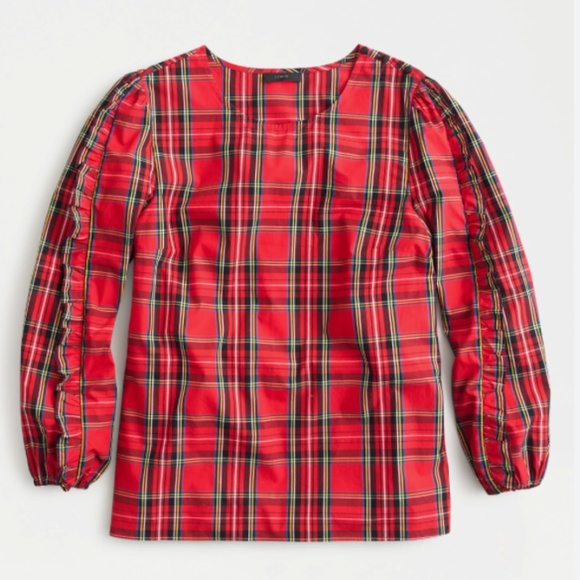 JCREW WOMENS RED TARTAN PRINT RUFFLE SLEEVE BLOUSE BUTTONS PLAID SIZE XS HOLIDAY - Picture 2 of 7
